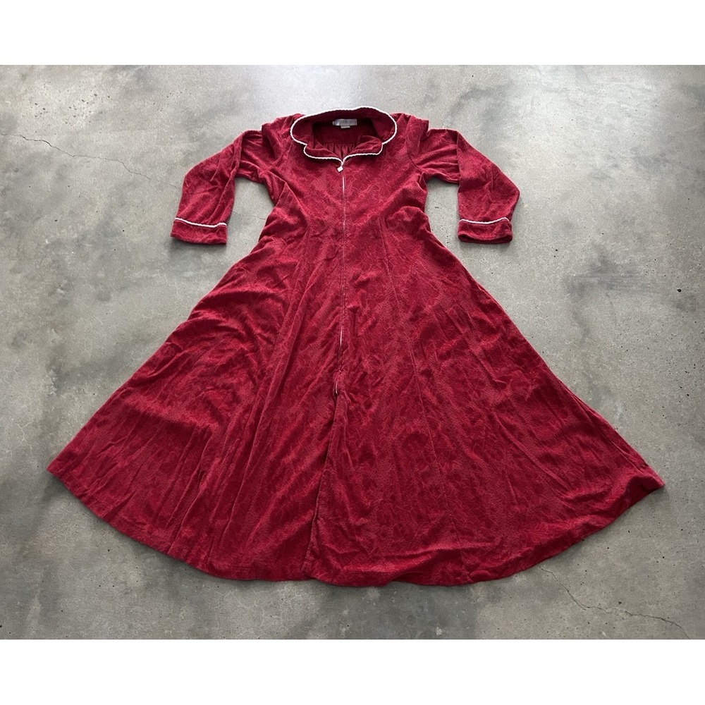 Eileen West Robe Womens Red Velour Zip Front Kaftan Embossed Floral Sz Small